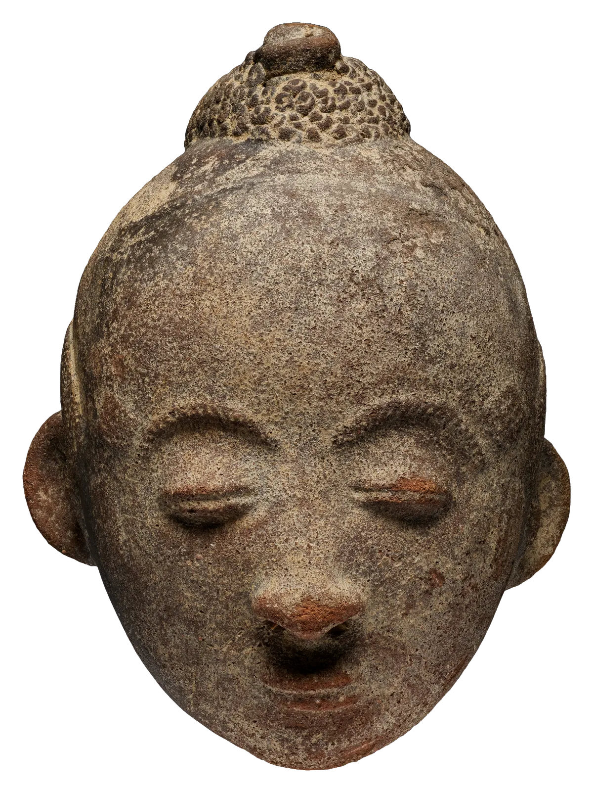 A terracotta head with closed, crescent-shaped eyes, a small mouth and a ridged crown of hair.