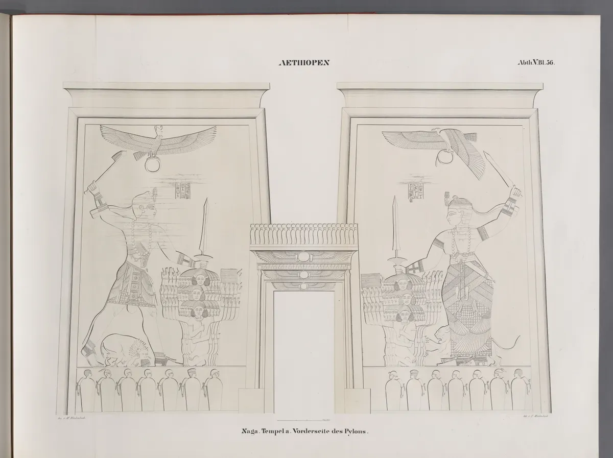 A line engraving of a temple gateway carved with two large royal figures, each raising a weapon over a group of captives.